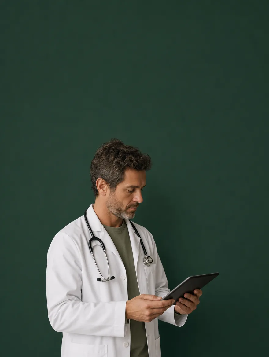 A doctor reviewing results on a tablet